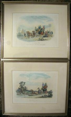 Pair Antique Prints Fores NEWHOUSE Aquatint 1845 -- Roadsters Coach Scenes