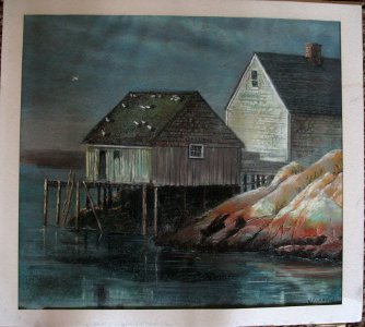 Oil Pastel Original Landscape Painting Dock Fishing Pier Signed Larkin 1973