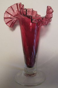 Murano Art Glass Vase Cranberry and Clear Ruffled Top Unusual