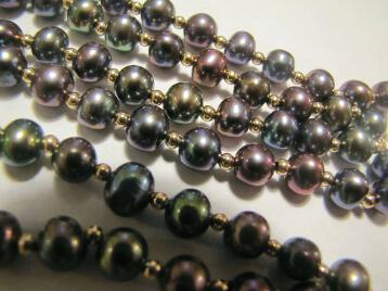 Black Peacock Genuine Cultured Pearl Necklace and Bracelet 14K Gold Beads